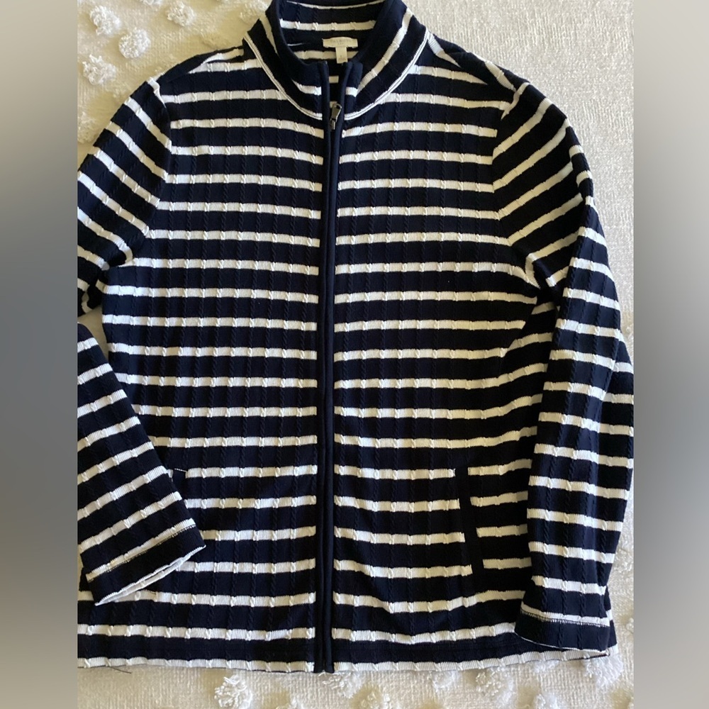 Talbots Women's Blue White Striped Full Zip Knit Sweater, L
LK